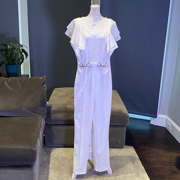 Women’s White Jumpsuit with Ruffles and Silver Waist Detail Size M **READ - Picture 1 of 10